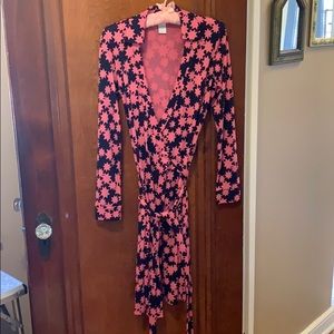 Navy and Pink Collared Long Sleeve Wrap Dress